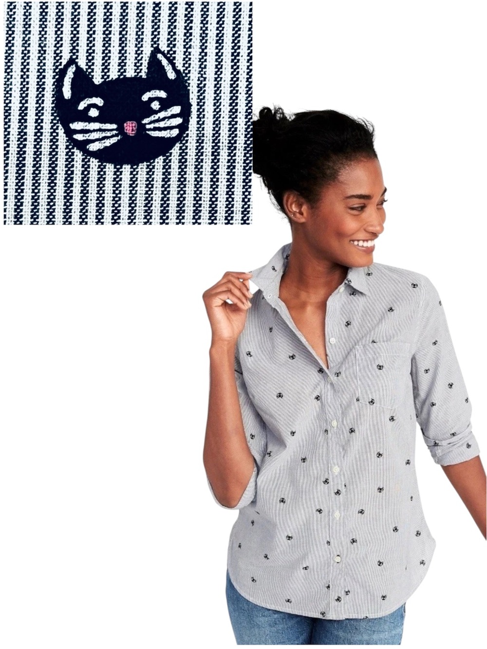 Old Navy Blue Striped Button Shirt Featuring All Over Small Black Cat Print XXL